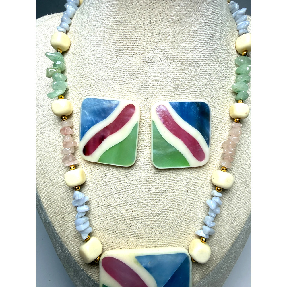 Retro 1980's MOP Inlay Bold Necklace & Earring Set Colorful Pastel Chunky Lucite - Picture 3 of 7